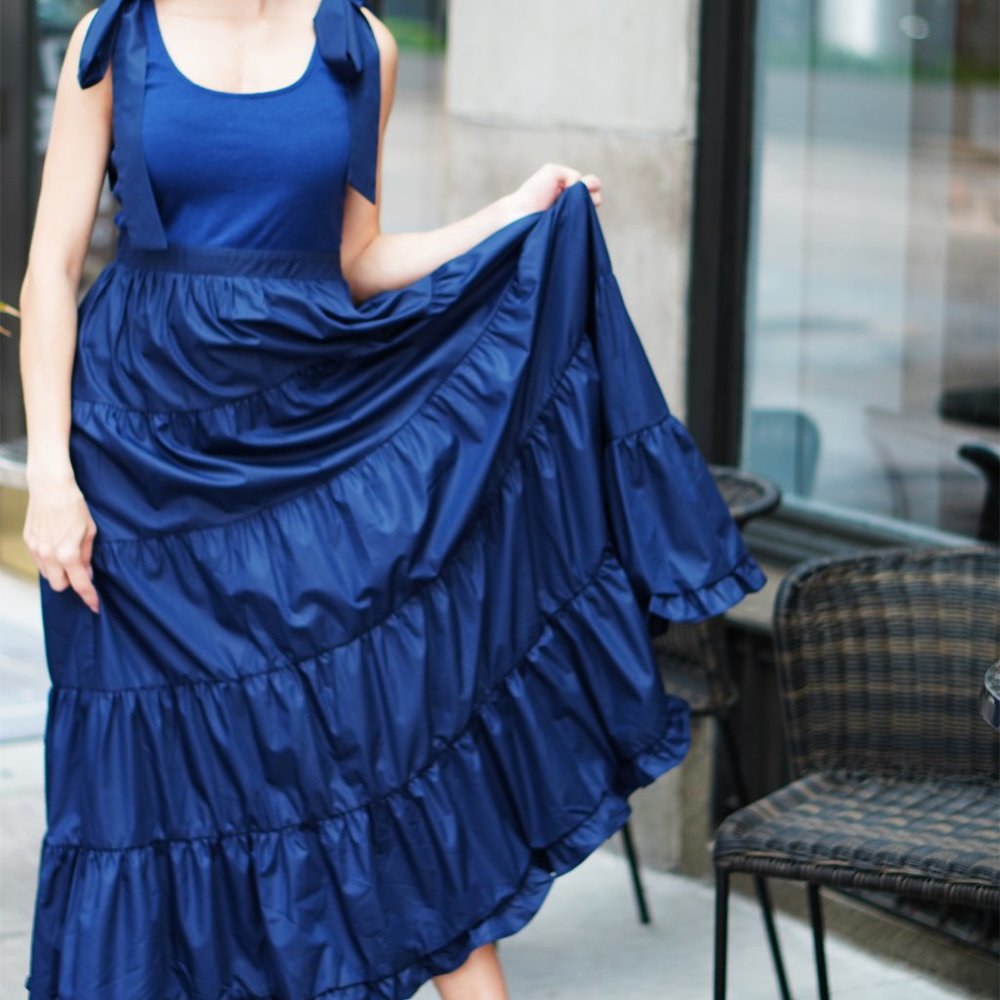 Navy Tiered Ribbon Sleeve Tie Dress